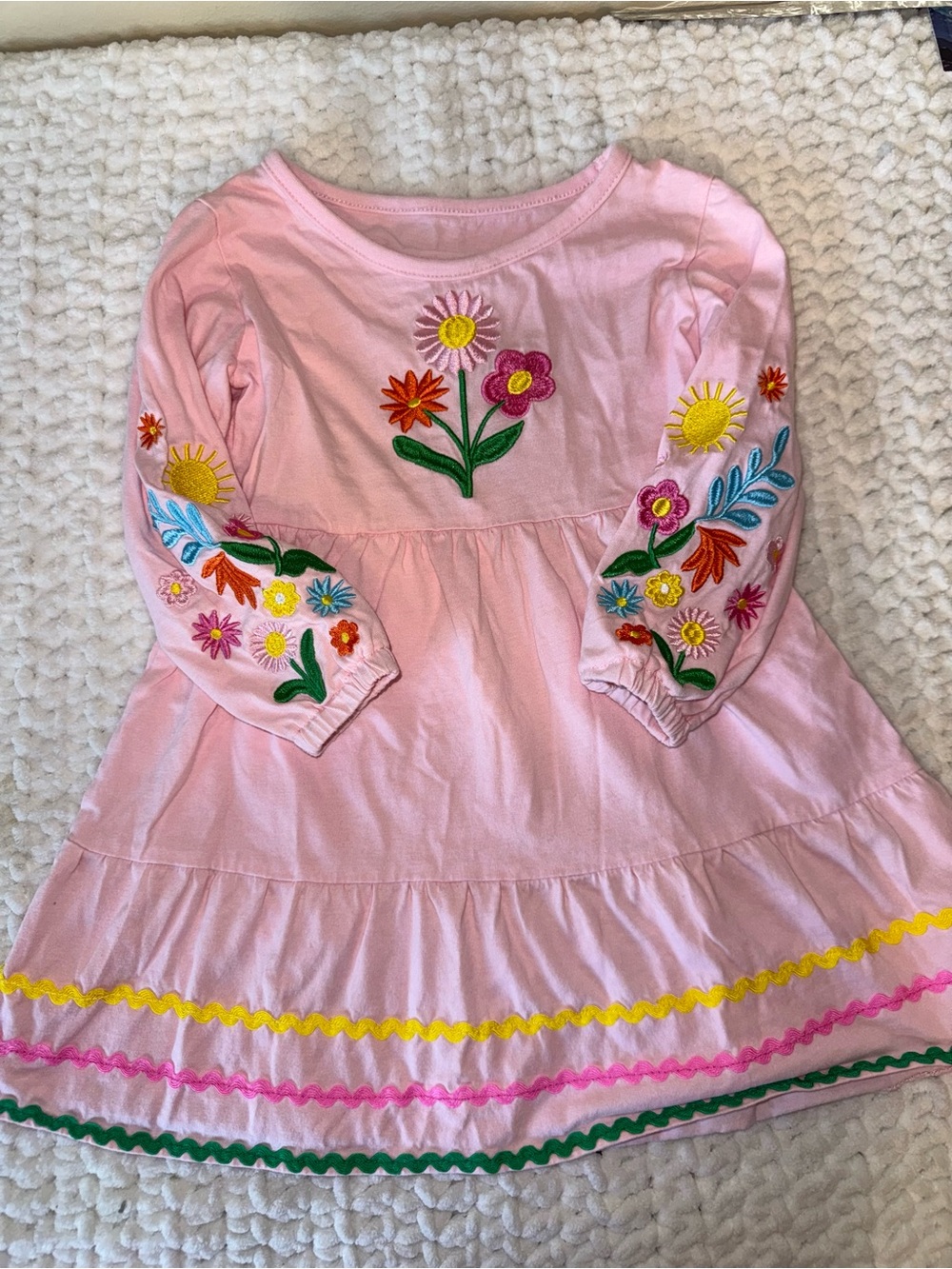 Pink Floral Embroidered Long-Sleeve Kids Dress
